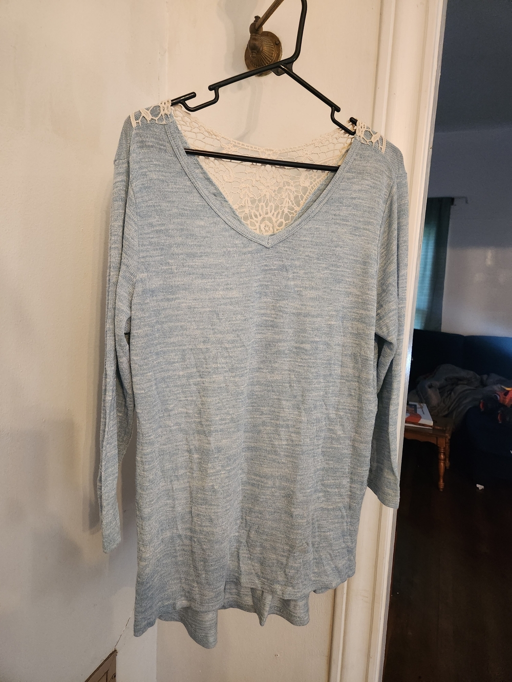 Faded Glory Light Blue Knit V-Neck Top with Cream Lace Detail